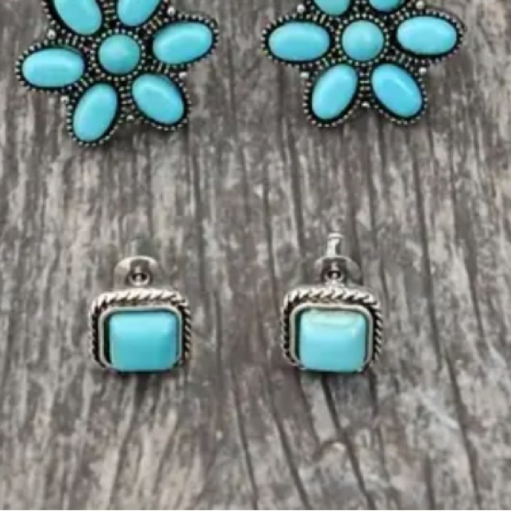 Anthropologie Natural Turquoise Western Bohemian Vintage Earrings Silver NEW
